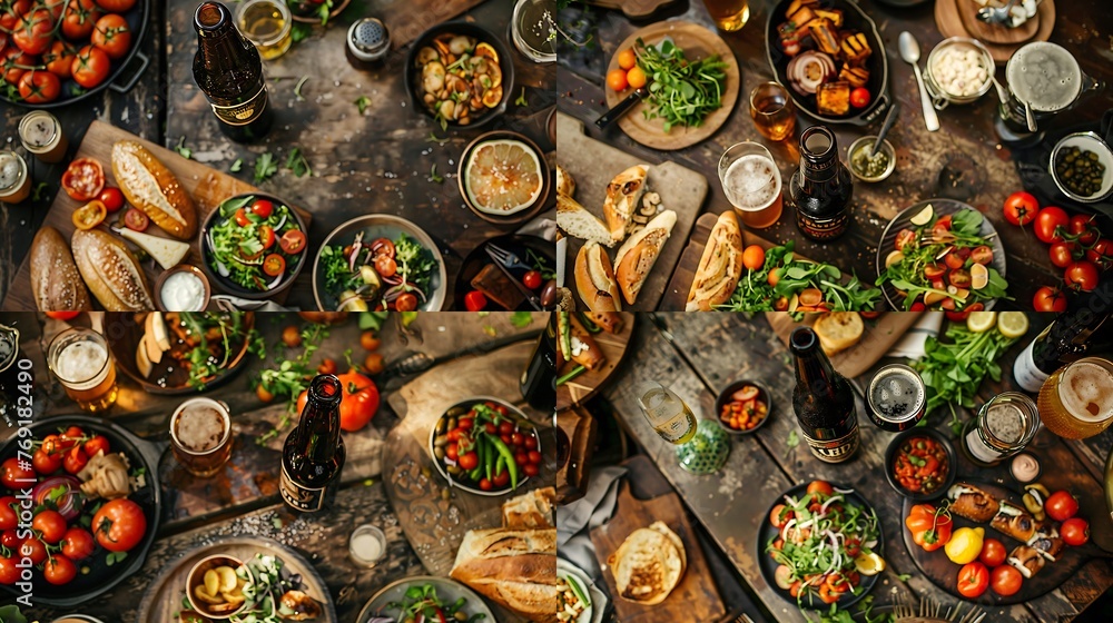 an image of a stylish cocktail table adorned with appetizing food items, where the central focus is a perfectly chilled beer bottle