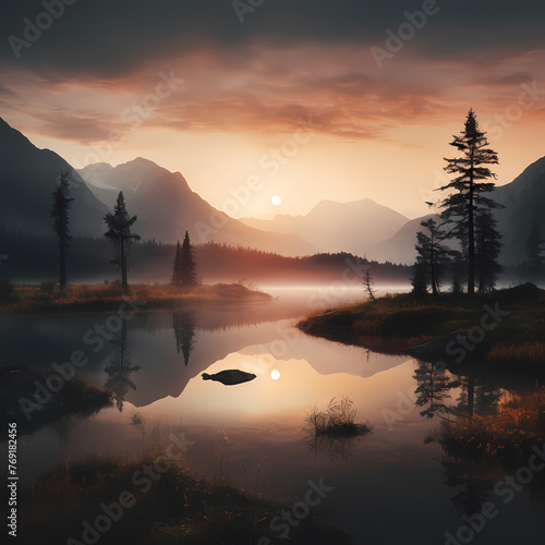 Tranquil sunrise over a misty mountain lake.
