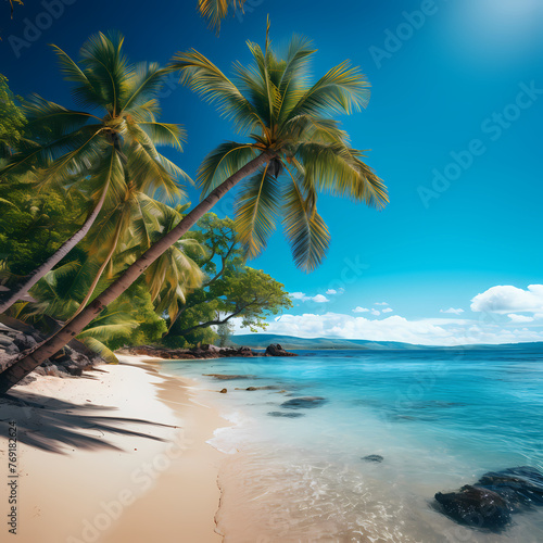 Tropical beach with palm trees and clear blue water