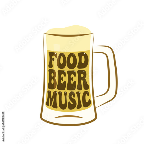 Food Beer Music lettering on mug of beer, graphic design for traditional festival Oktoberfest 2024, vector illustration