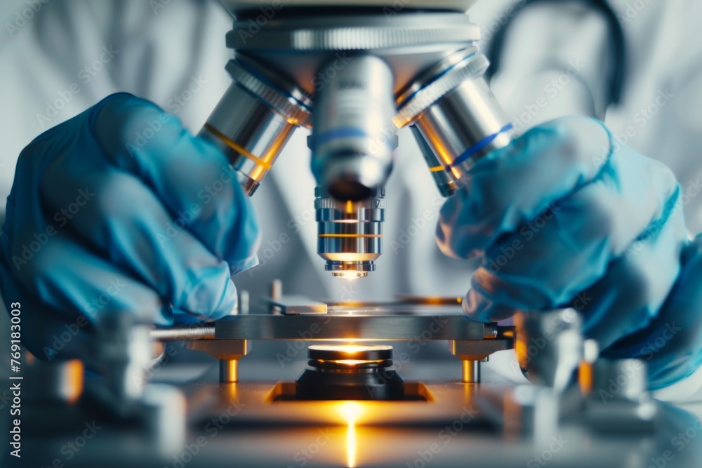 Close up of scientist hands wearing blue gloves holding microscope in laboratory Generative AI Close up of scientist hands wearing blue gloves holding microscope in laboratory Generative AI