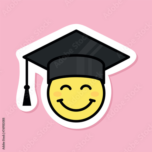 smiling face with smiling eyes wearing graduation hat sticker, yellow symbol with black outline, groovy aesthetic vector design element