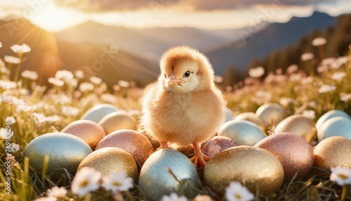 chick surrounded by easter eggs symbol of birth generative