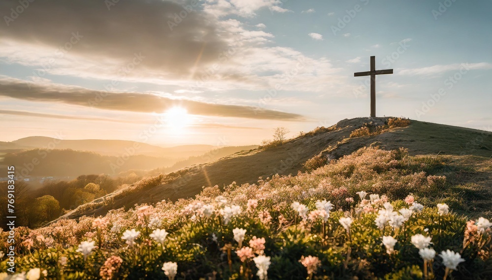 scenic easter morning with cross on hill amidst blossoming flowers - obrazy, fototapety, plakaty 