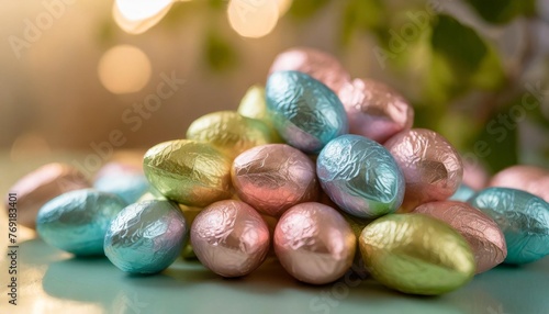 pile of foil wrapped chocolate easter eggs in pink blue lime green