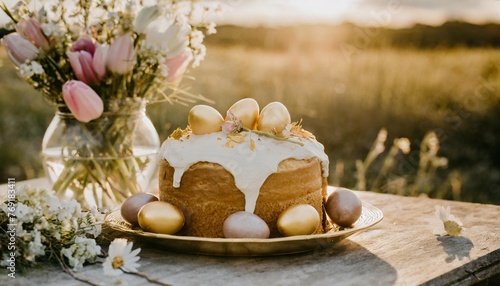 easter cake with eggs and flowers