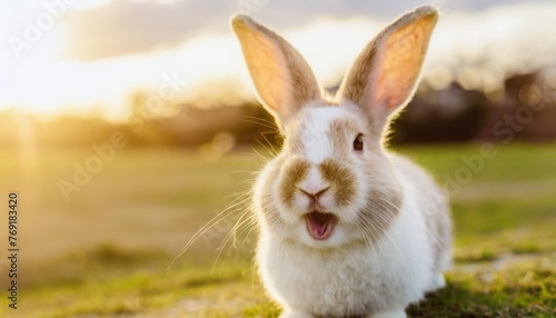 cute animal pet rabbit or bunny white color smiling and laughing isolated with copy space for easter day © Leila