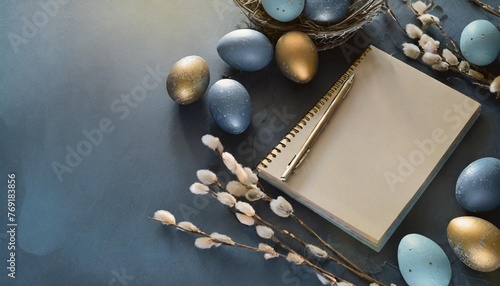 easter decoration template in blue colour palette with copy space note space easter eggs table black blue