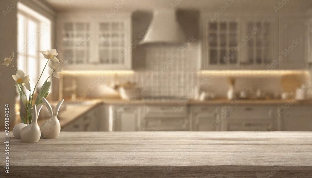 easter blurred kitchen and wooden tabletop with space for display your product