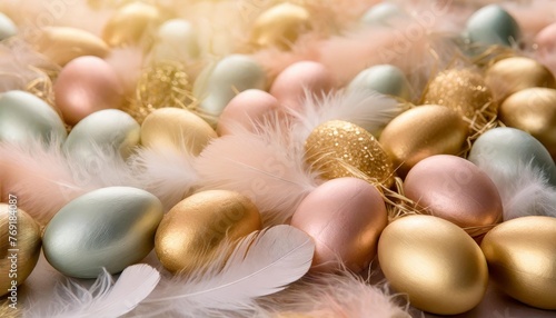 lots of easter eggs and feathers in trendy pastel candy colors festive background