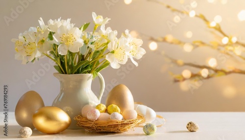 spring flowers in a vase and easter eggs on a light background easter background with copy space