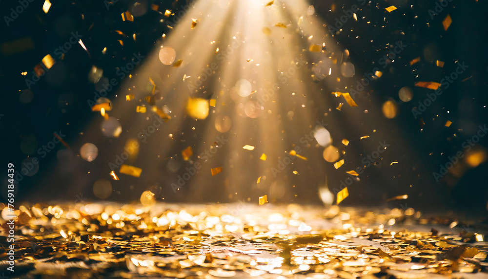 Golden confetti rain on festive stage with light beam in the middle, empty room at night mockup with copy space for award ceremony, jubilee, New Year's party or product presentations. - obrazy, fototapety, plakaty 
