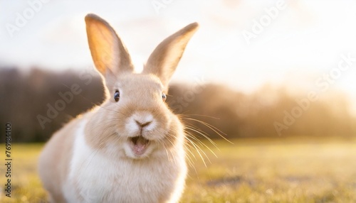 cute animal pet rabbit or bunny white color smiling and laughing isolated with copy space for easter © Josue