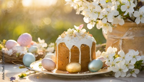 delicious easter cake surrounded by spring blossoms and decorations ideal for festive occasions sweet homemade dessert imagery