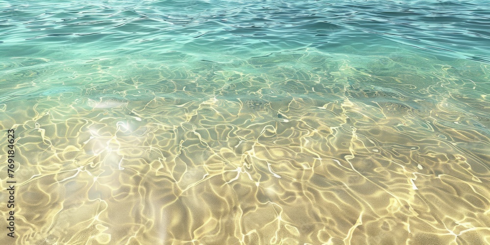 A sandy beach and shallow water texture, capturing the sun-drenched shores and crystal-clear waters of the exotic locales created with Generative AI Technology - obrazy, fototapety, plakaty 