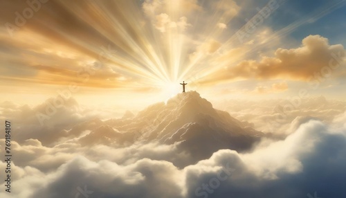 illustration of the second coming of jesus christ the savior in the clouds in heaven background photo