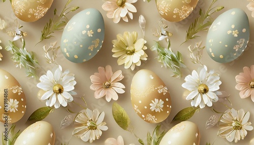 a seamless pattern of pastel colored easter eggs and spring flowers against a soft light background the eggs are decorated with delicate floral patterns