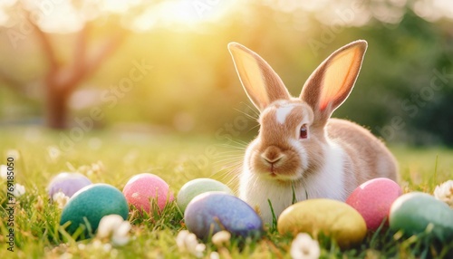 easter bunny and colorful eggs on nature background easter concept cute easter bunny and colorful eggs on green grass at sunny day easter background happy easter