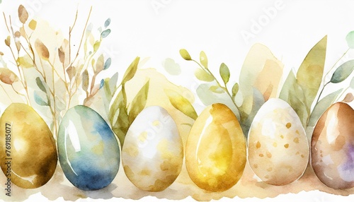 set of beautiful watercolor easter eggs over white background with empty space for text colorful illustration for poster card or greetings photo