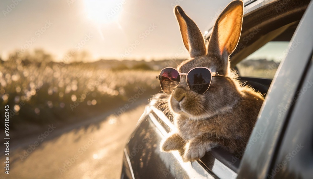 cute easter bunny with sunglasses looking out of a car - obrazy, fototapety, plakaty 