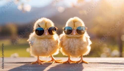 cute two little yellow chickens in sunglasses on a bright sunny day funny easter concept