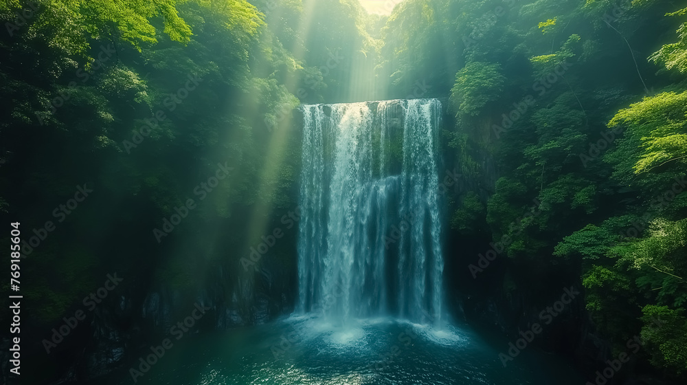 A mesmerizing aerial view of a cascading waterfall nestled within a lush, untouched forest, with sunlight filtering through the canopy, creating a sparkling display of nature's beauty A mesmerizing aerial view of a cascading waterfall nestled within a lush, untouched forest, with sunlight filtering through the canopy, creating a sparkling display of nature's beauty