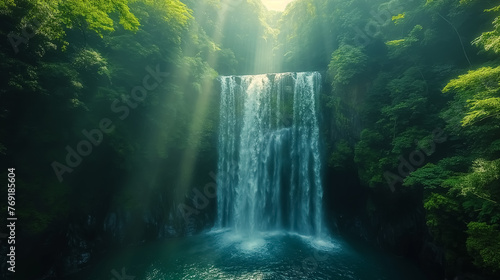A mesmerizing aerial view of a cascading waterfall nestled within a lush  untouched forest  with sunlight filtering through the canopy  creating a sparkling display of nature s beauty
