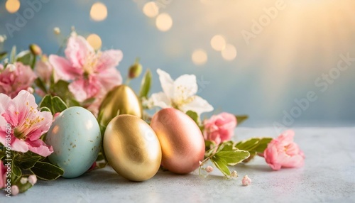 colorful easter eggs and blooming pink flowers on light blue background copy space