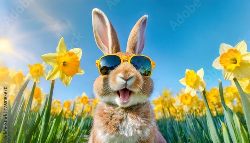 daffodil easter bunny a funny laughing rabbit with reflective sunglasses in field of daffodils is watching the blue sky with copy space for advertising marketing social media greetings