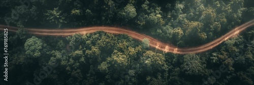 Aerial top view of a rural road winding through a dense forest.