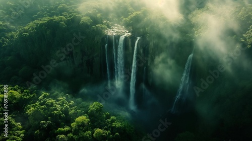Aerial view reveals a majestic waterfall.