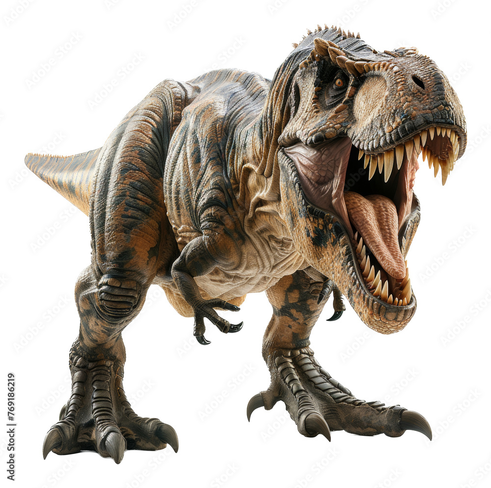 Fototapeta premium Ferocious tyrannosaurus rex roaring with open mouth, cut out - stock png.