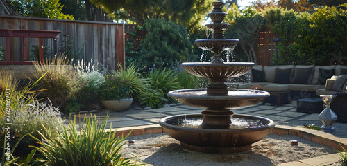 A tranquil backyard oasis with a Craftsman-style fountain, its soothing sounds adding to the ambiance of the outdoor space
