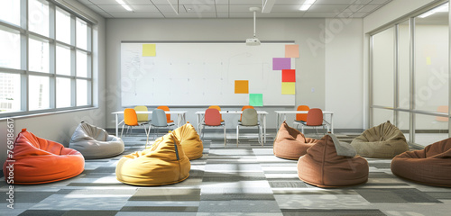 Flexible seating options and movable furniture allow for creative brainstorming sessions in this collaborative conference room with writable surfaces and bean bag seats