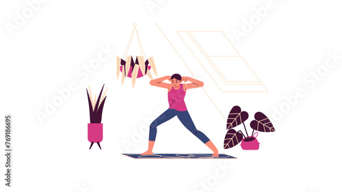 Warrior Pose Home Yoga Practice Vector Cartoon Illustration photo