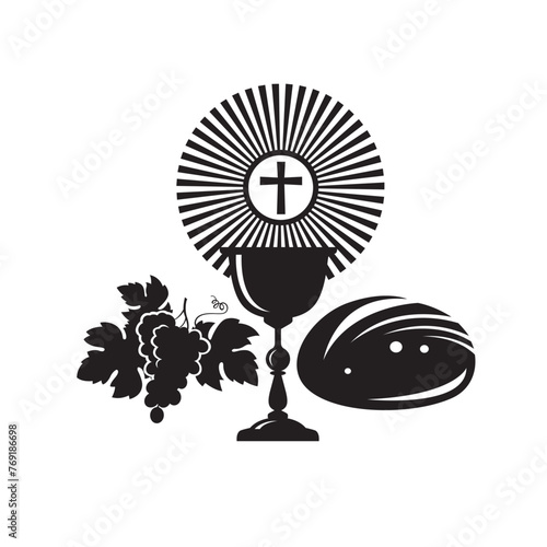 holy communion icon with chalice, grapes and bread isolated on white background