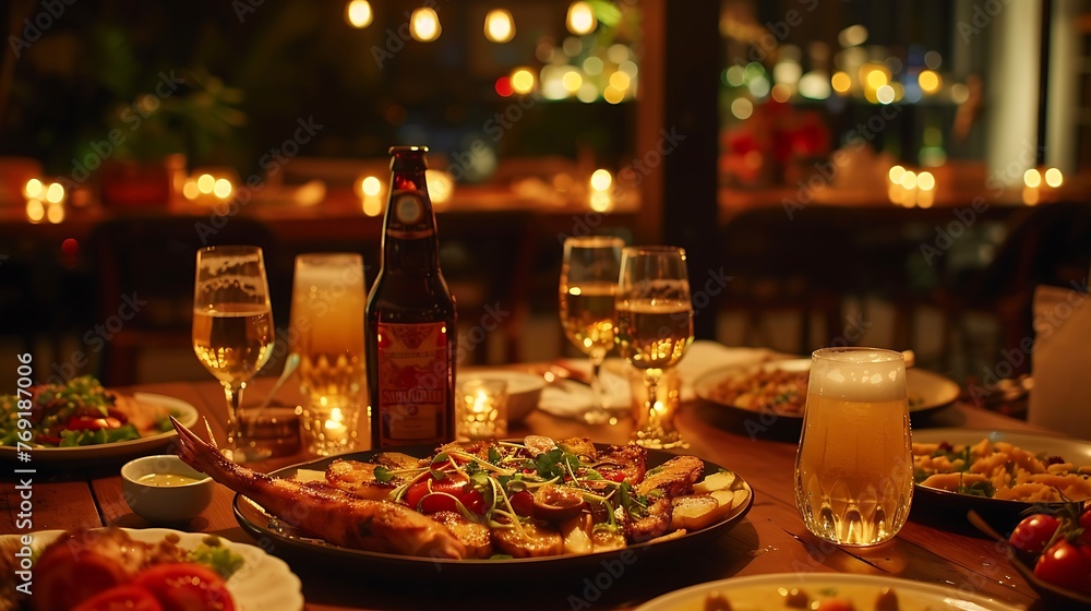 an image that highlights a well-lit cocktail table adorned with an appetizing spread of food, prominently featuring a beer bottle as the central element