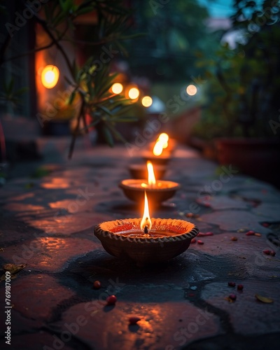 Diya Lamps, Brightly lit Diwali celebration, Vibrant Indian festival atmosphere, Nighttime with a Full Moon, Realistic Photography, Golden Hour