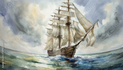 Watercolor painting of a tall ship sailing on calm waters, its sails billowing with wind. photo