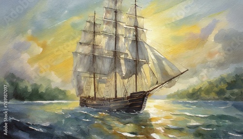 Watercolor painting of a tall ship sailing on calm waters, its sails billowing with wind.