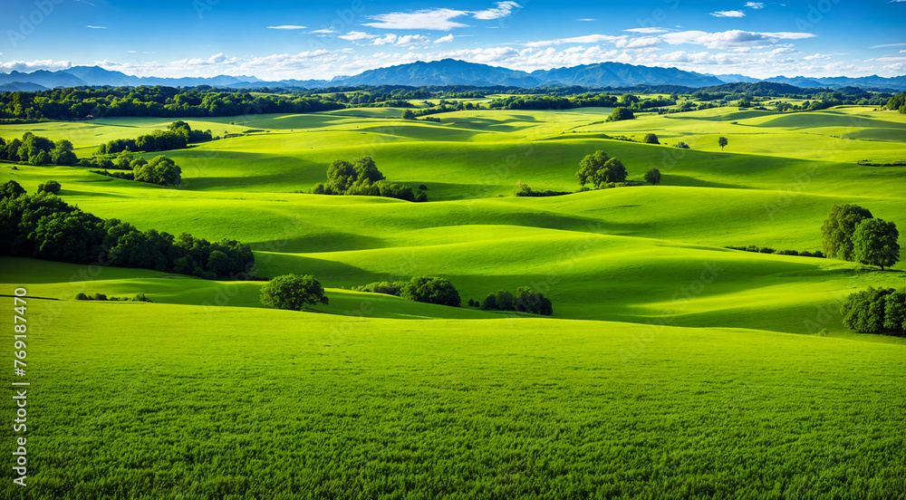 Fototapeta premium Beautiful green valley with green fields and hills. Natural summer background, nature landscape wallpaper. Created using generative AI tools