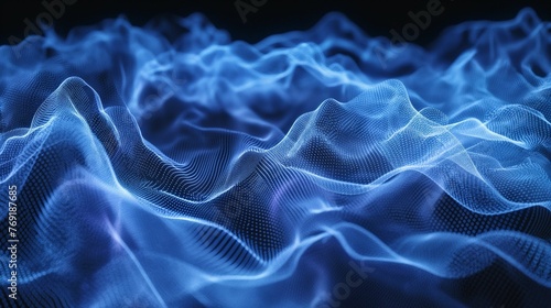Blue wireframe sound waves pulse on a dark background. © kept