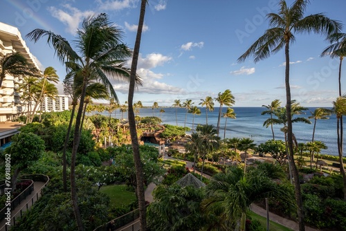 Looking out upon the crystal blue Pacific Ocean and towering palm trees of Ka'anapali Beach, located in Lahaina, Hawaii on the island of Maui.
