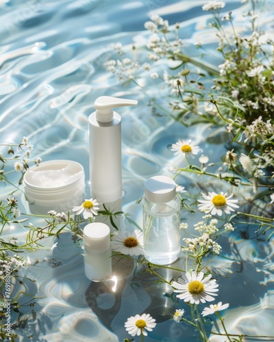 Top view of cosmetics products on a crystal clear water surrounded by white daisy flowers