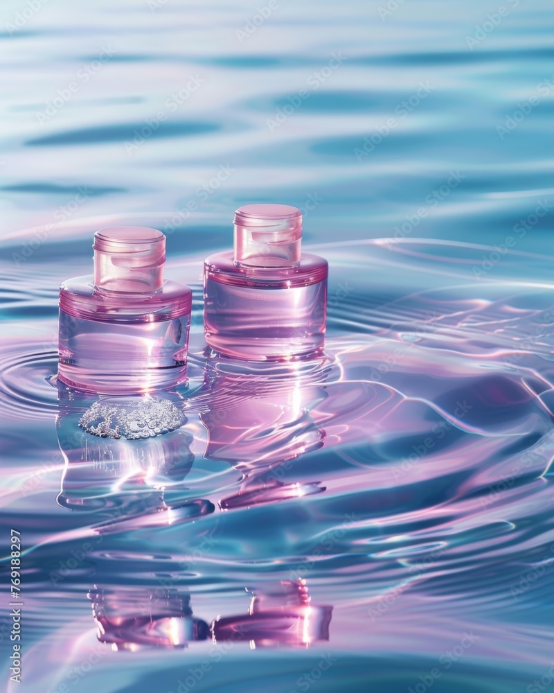 Small bottles of cosmetics products on a crystal clear pink and blue water making waves Small bottles of cosmetics products on a crystal clear pink and blue water making waves