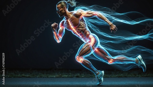 Semi-transparent athletic person with insight into the structure of stressed parts of the bones, tendons and muscles and lines of motion