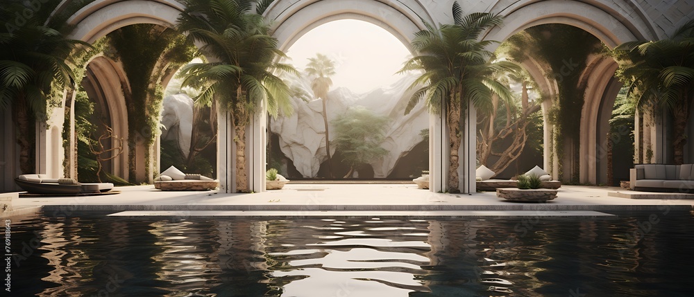  Modern luxury villa with pool, palm trees and arches, interior design and architecture with stone walls