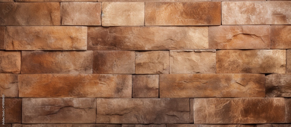 Naklejka premium Detailed view of a textured brown brick wall set against a dark black background creating a striking contrast