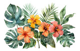 Watercolor tropical flowers and foliage arrangement on transparent background - stock png.