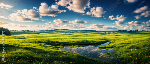 Beautiful green meadow with a small swampy lake. Natural summer background  nature landscape wallpaper  banner. Created using generative AI tools